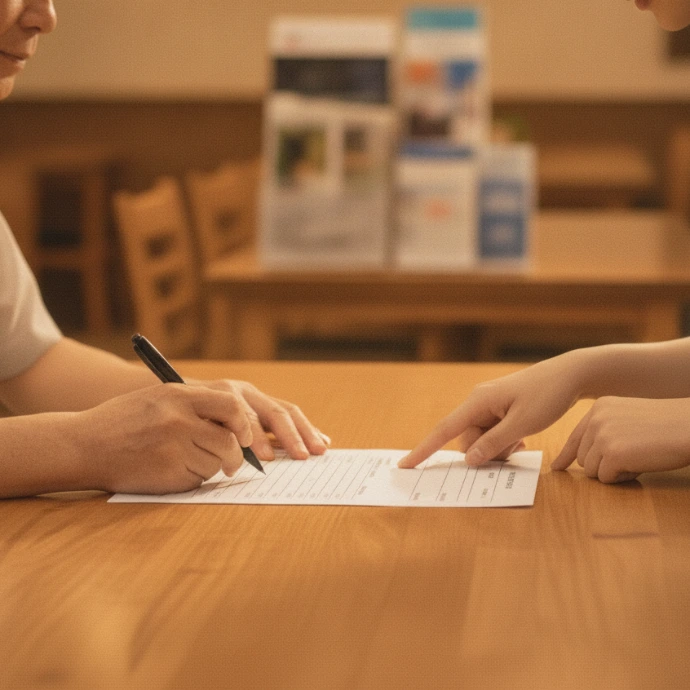 AI Generated Volunteer Assisting with Form at Service Center Reception (Close-up)